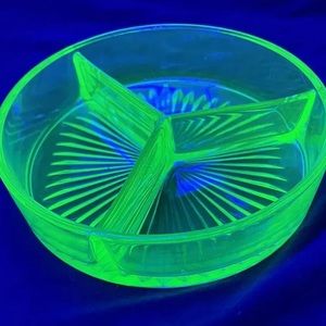 Vaseline Uranium green Depression Glass 3 section Nut Candy Dish 6.25 Diameter